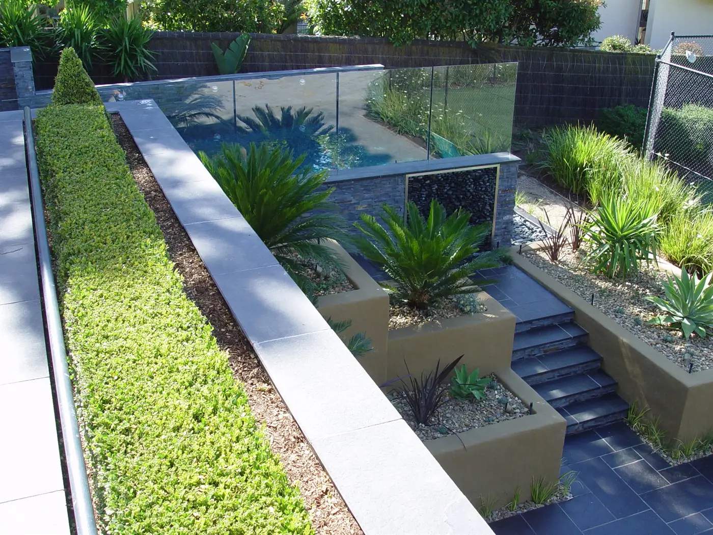 View of steps and planter boxes