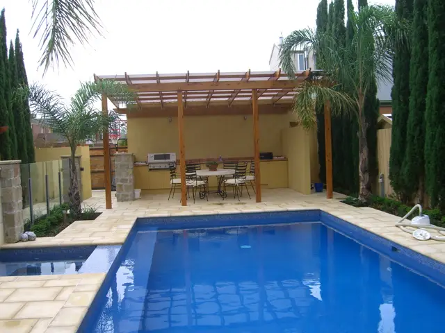 View of pool and covered outdoor entertaining